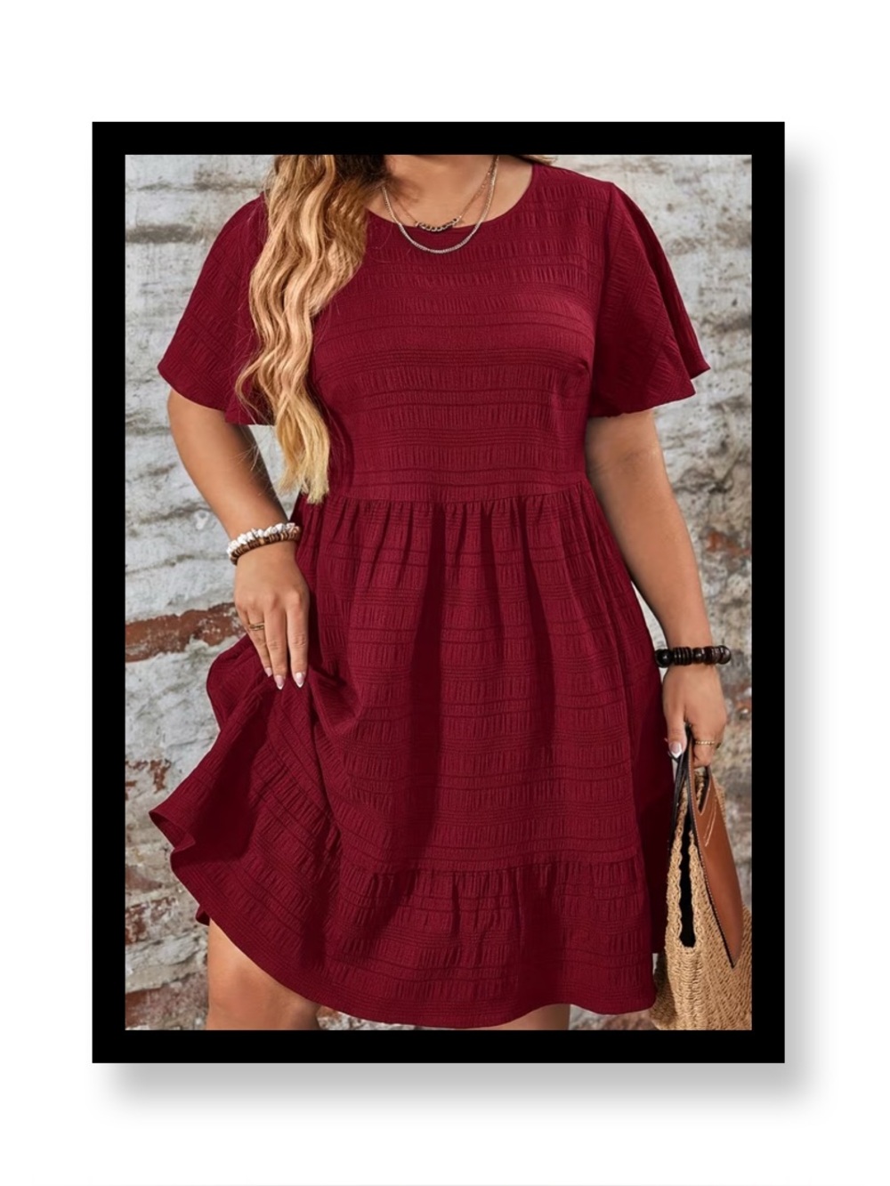 🆕 Women’s Plus-Size Burgundy Swing Dress with Short Sleeves